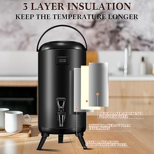 Miniatura 5 de Tioncy 2 dispensadores aislados de bebidas de acero inoxidable, dispensador de bebidas frías y calientes con boquilla y termómetro, dispensador de