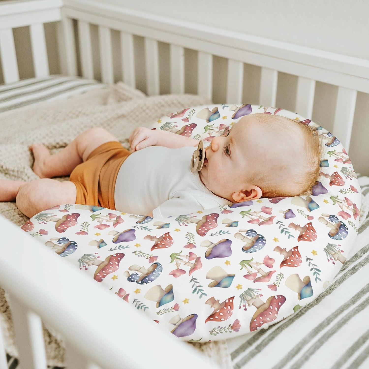 Fairytale Mushroom Baby Nursing Pillow Covers for Boy Girl Colorful Mushrooms Floral Leaves Nursing Pillowcase for Breastfeeding Pillows Magical Plant Soft Stretchy Slipcovers for Newborn Infant