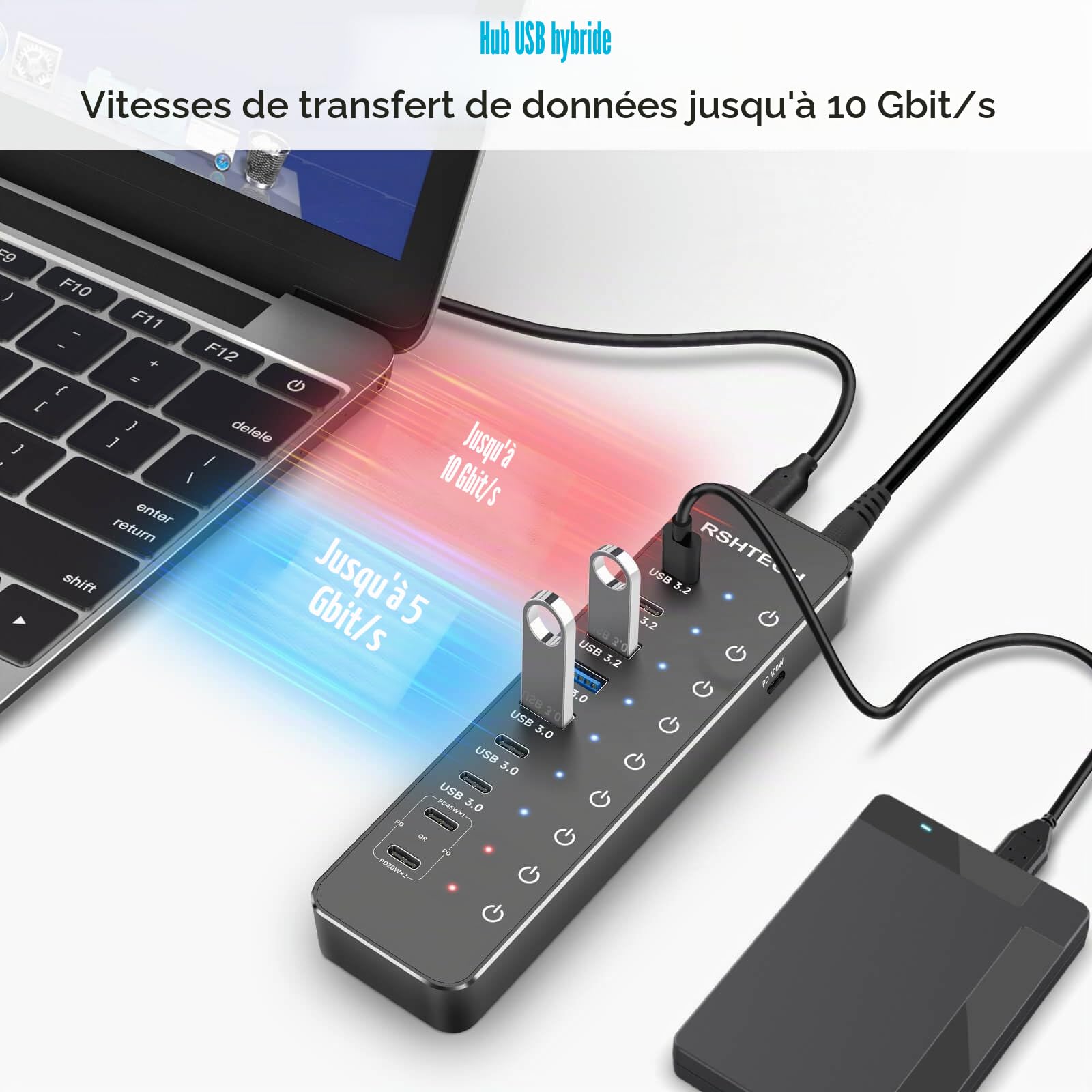 RSHTECH 10 Ports Hub USB Alimenté, Alimentation 66W Hub USB C, RSH-ST10P | Incluant 3 Ports USB 3.2 à 10Gbps(2C+1A), 4 Ports USB 3.0 à 5Gbps (2C+2A), 2 Ports USB-C à 45W Charge Rapide, PD 100W