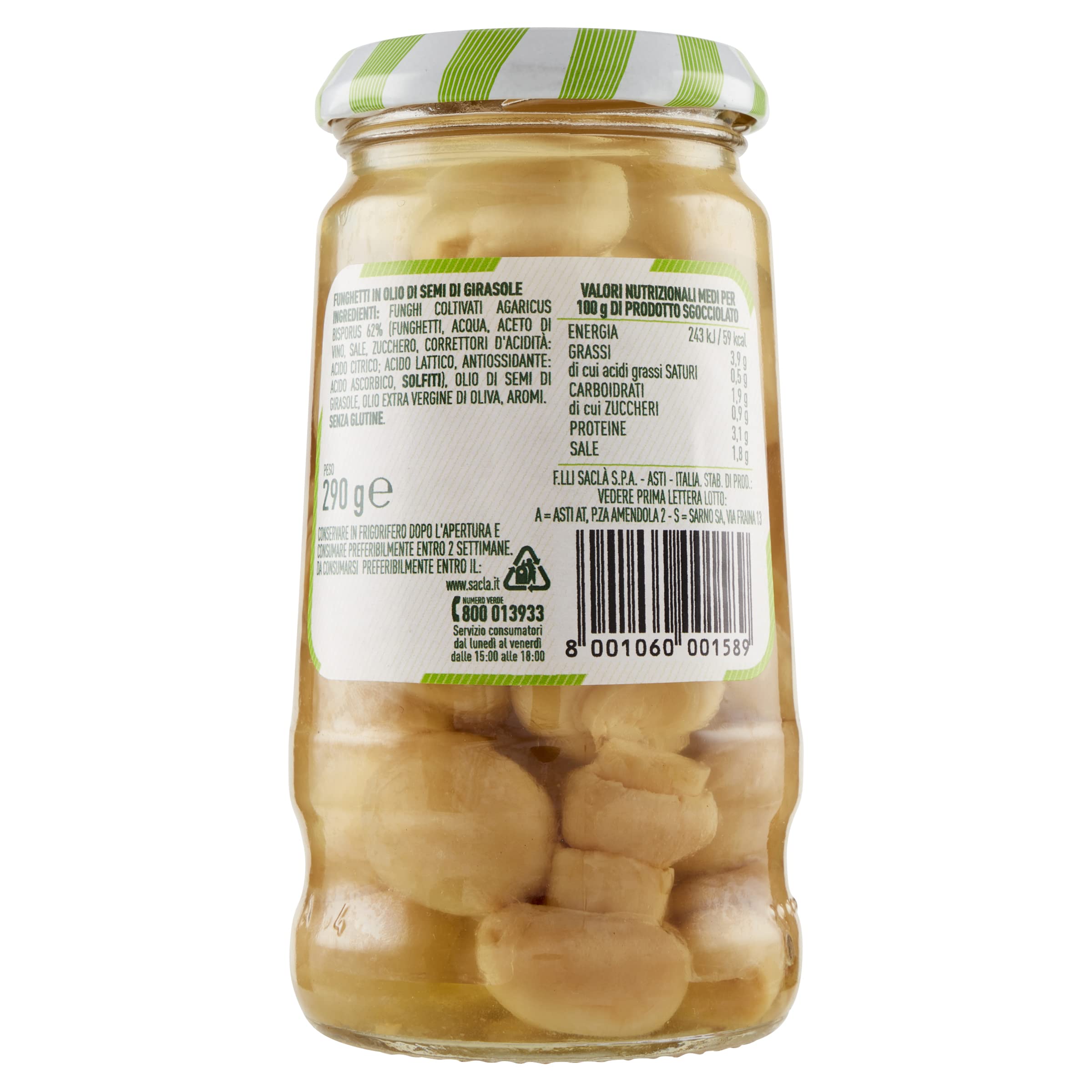 Saclà, Sottolì, Funghetti sottolio, Ideali per Aperitivo, Antipasto, Pizze, Insalate e per Arricchire i Tuoi Piatti, Vaso Vetro, 290g, Confezione da 12 pezzi