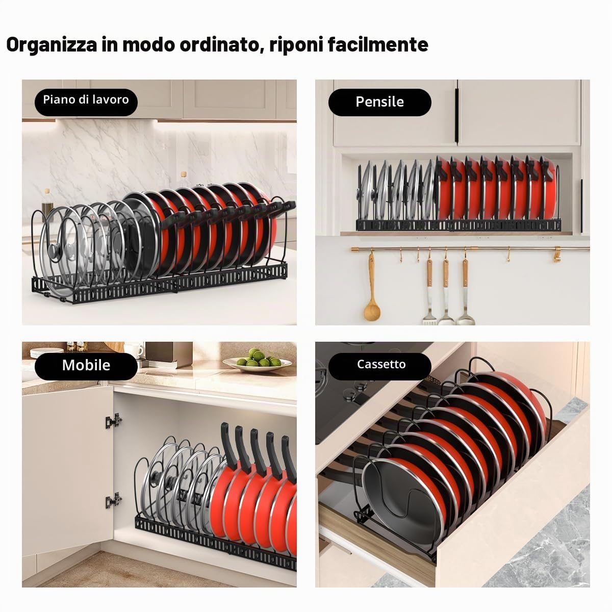 Housolution Porta Pentole e Padelle da Cassettone, Espandibile Porta Coperchi Pentole con 14 Scomparti Regolabili, Organizer Coperchi Pentole e Padelle per Cucina, Nero