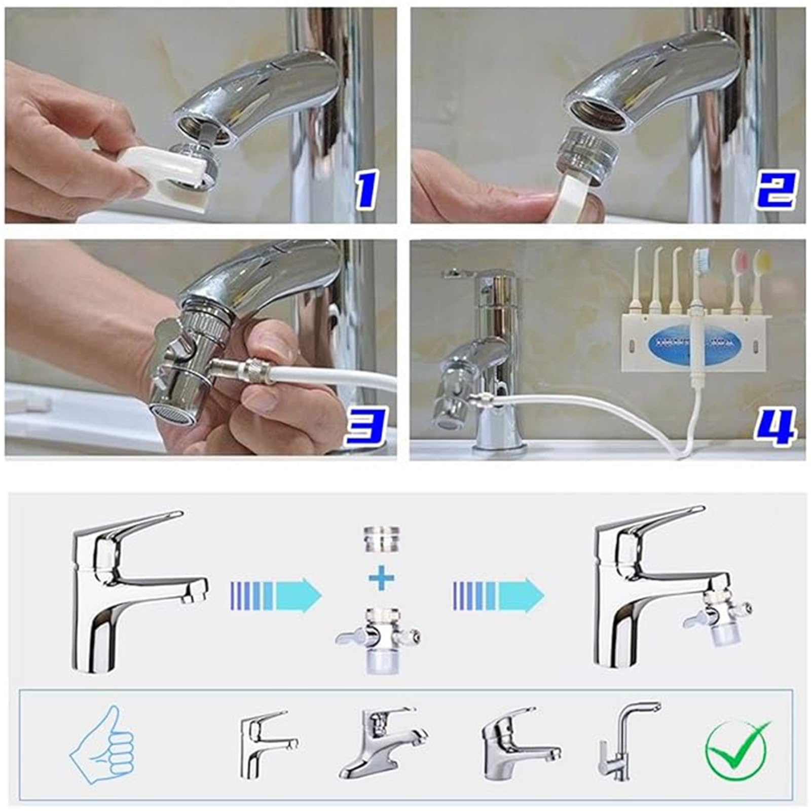 Idropulsore dentale per la pulizia dei denti, non elettrico, si collega direttamente al rubinetto (include 3 ugelli e 3 spazzolini da denti) - Bianco