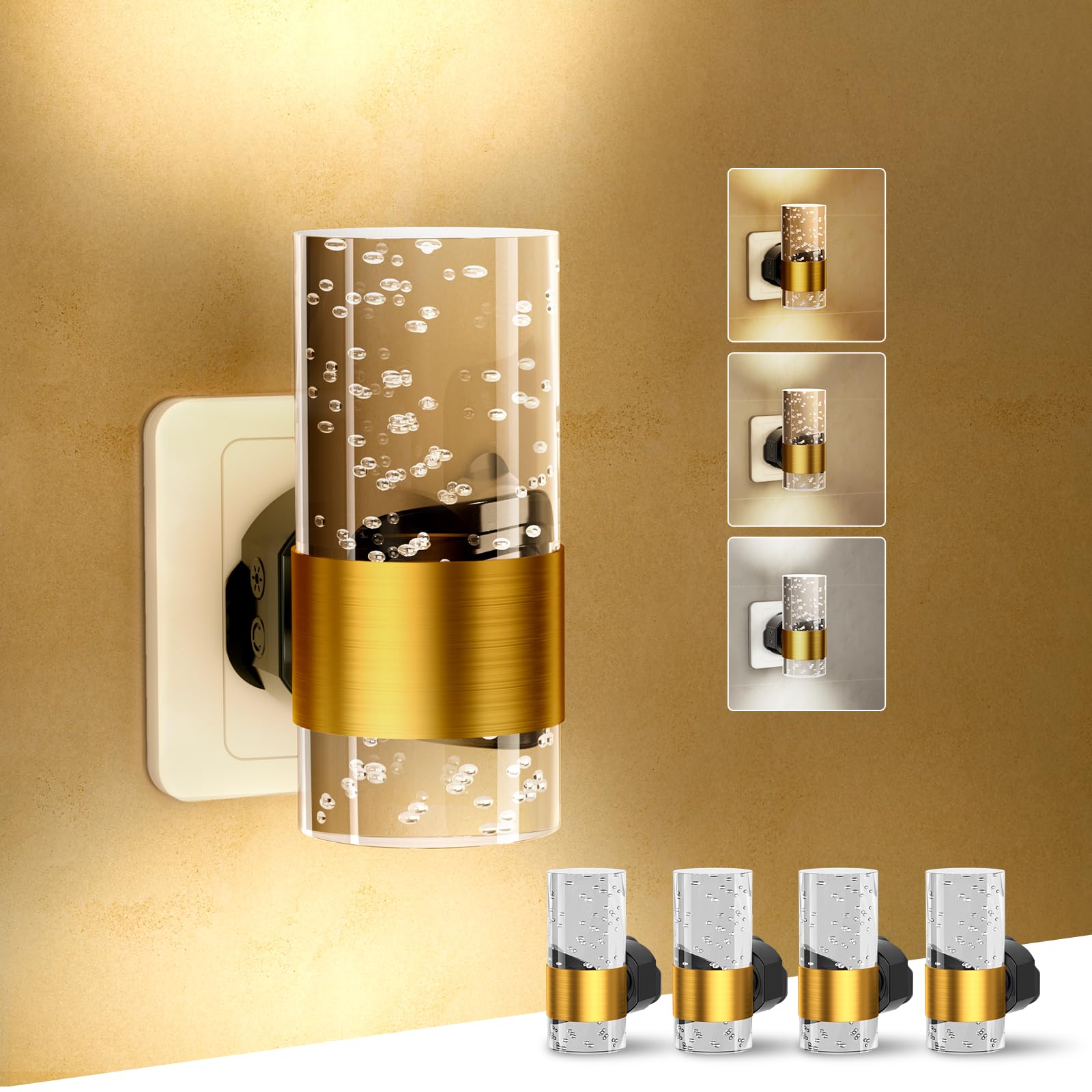 Draome Night Light Plug in Wall with Dusk to Dawn Sensor, 4 Pack Gold