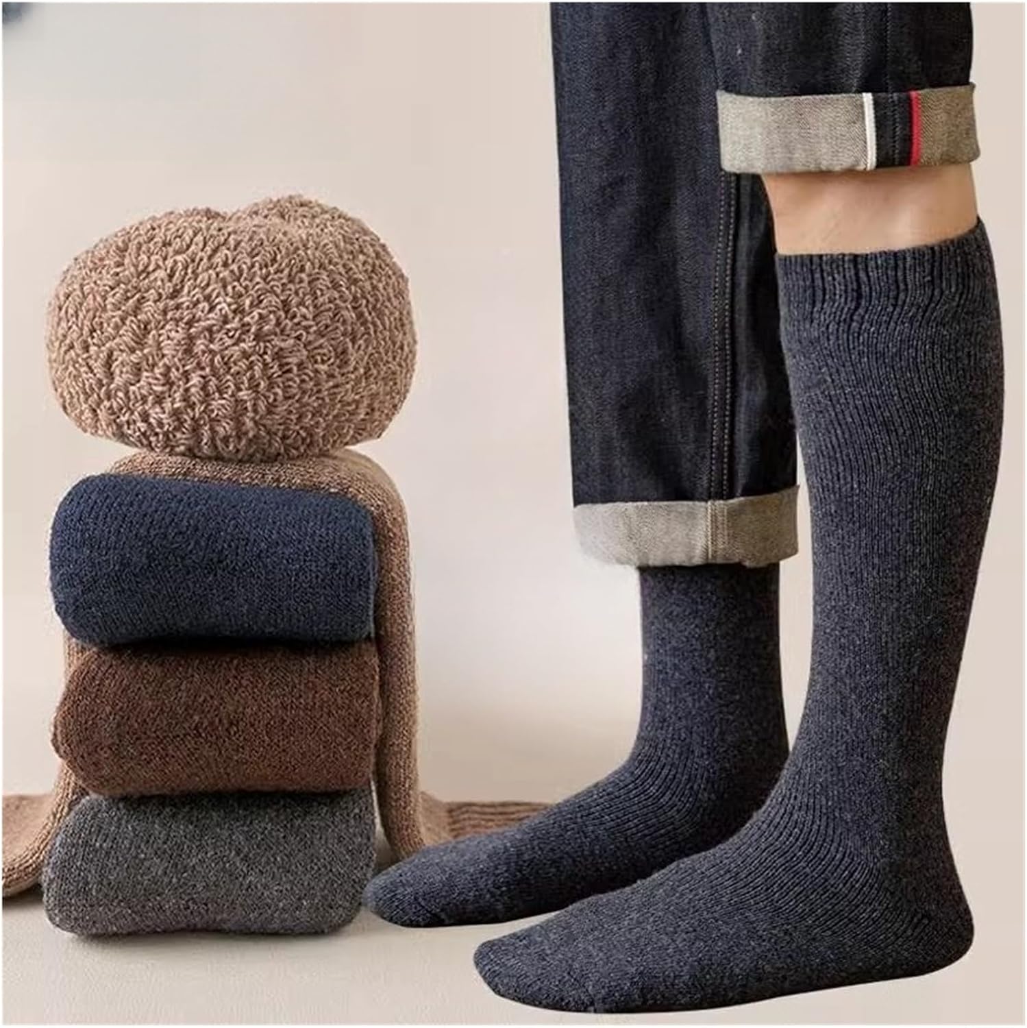 3 Pair Winter Thick Warm Knee-High Men's Socks Men's Calf Socks Casual Socks Stockings Men(Light Grey)