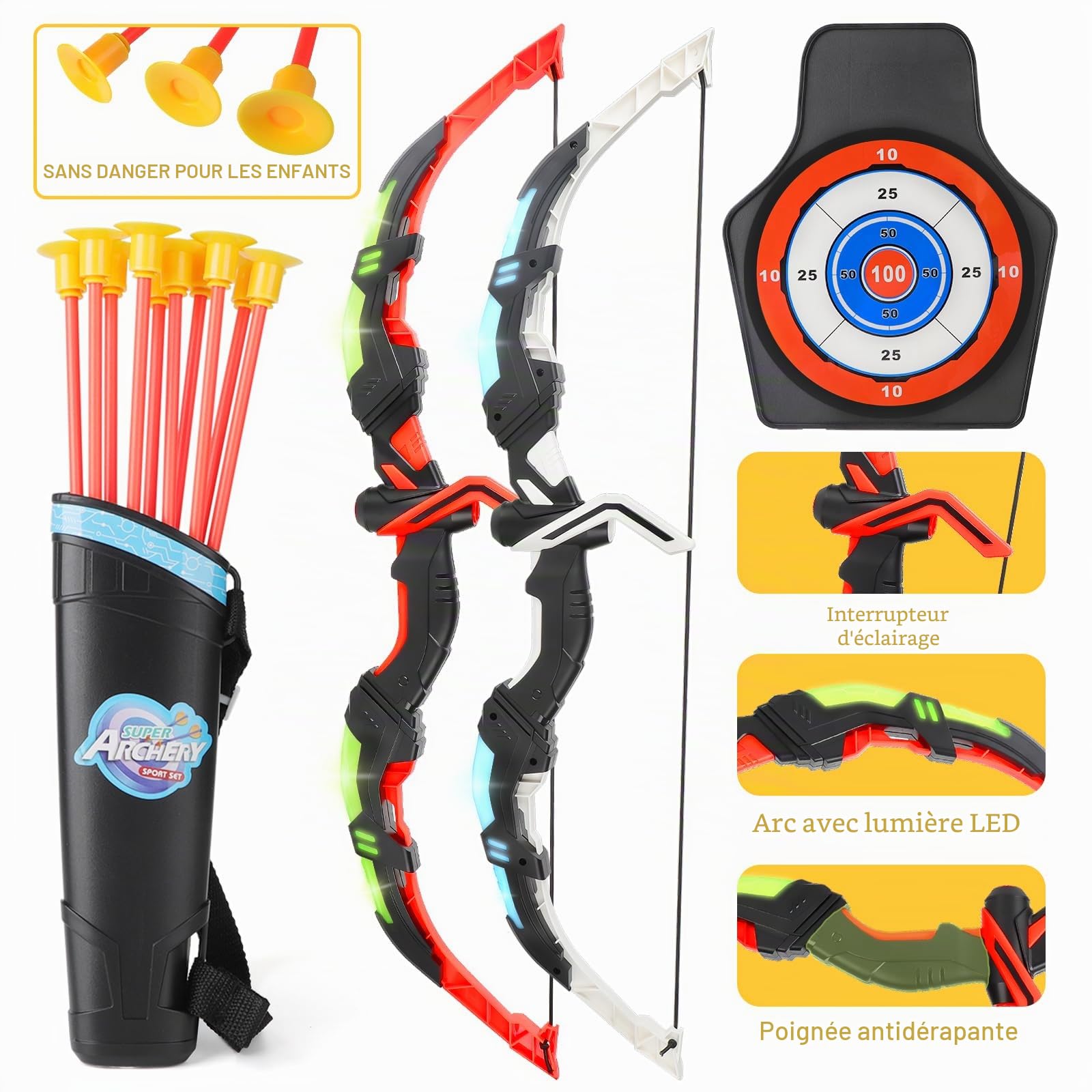 deAO Ensemble de Tir à l'arc pour Enfants avec Lumières LED, Comprenant 1 Cible, 2 Arcs de Tir, 2 Carquois, 20 Flèches à Ventouse, 6 Cibles, Jouet d'arc pour Enfants à Partir de 4 Ans et Plus