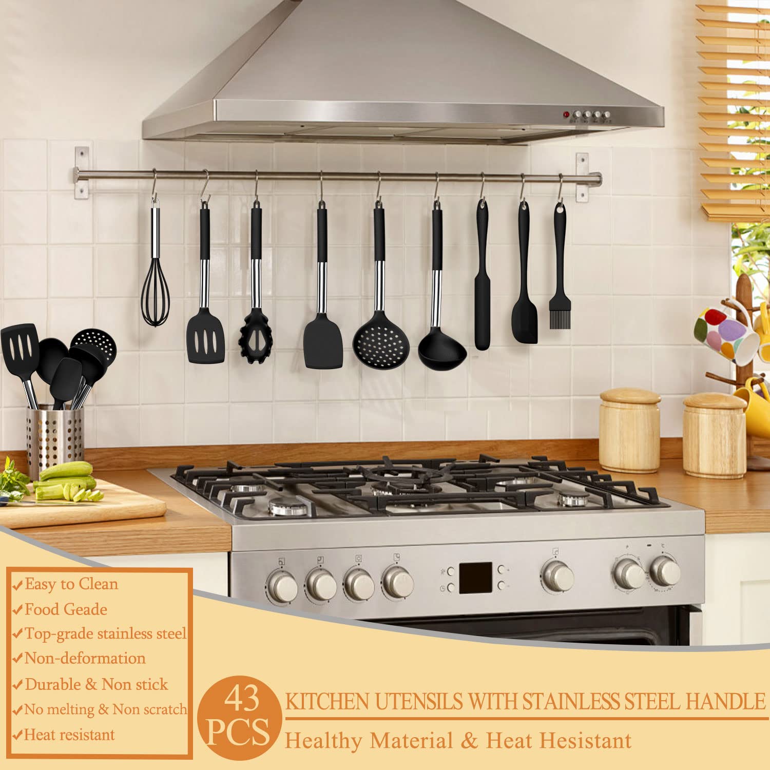 Umite Chef - Juego de utensilios de cocina de silicona, 43 piezas resistentes al calor, mango de acero inoxidable, herramientas de espátula de cocina para utensilios de cocina antiadherentes