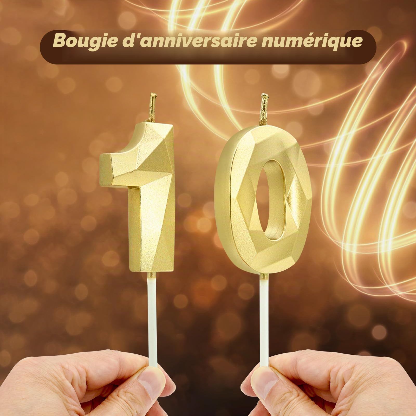Bougies d'anniversaire Chiffres 3D Bougie Numéro 10 Dorées pour Gâteau