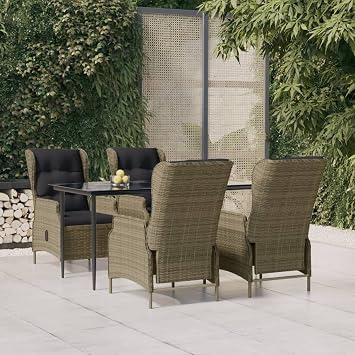 Garden Dining Set, 5-Piece Poly Rattan Outdoor Furniture, Patio Table and Chairs, Reclining Seats for Balcony, Brown