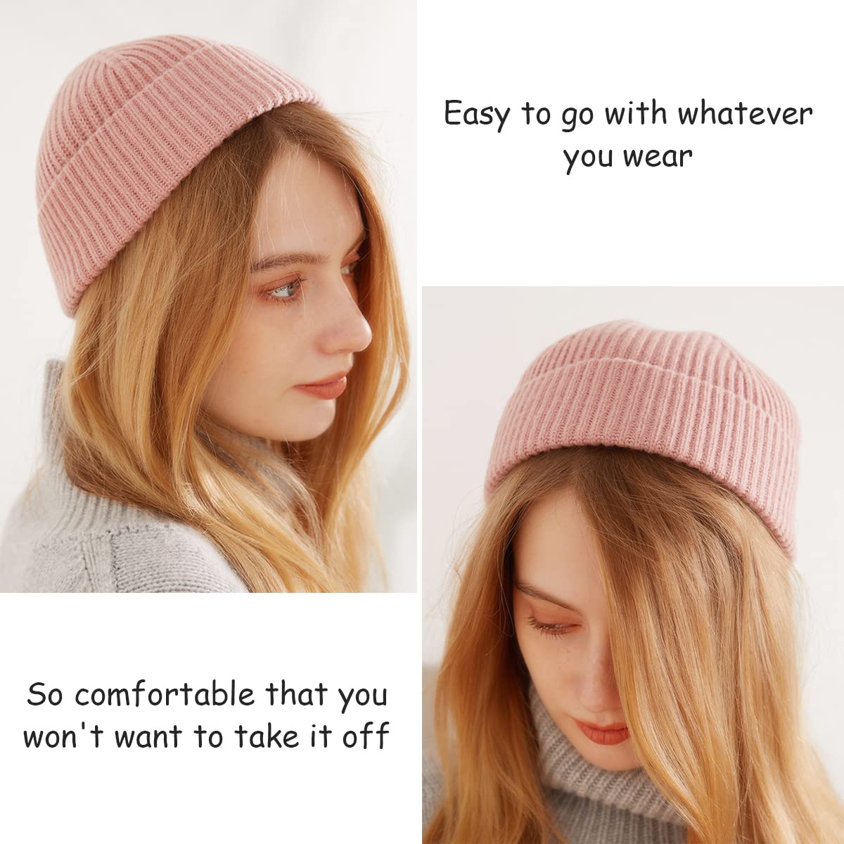 YUONNY Zimowa czapka typu beanie dla mężczyzn i kobiet, 100% kaszmirowa ciepła dzianinowa czapka hipsterska, elegancka czapka unisex z czaszką, kaszmirowa, dzianinowa, zwijana krawędź, czapka rybacka, jesień, zima, czapka z mankietami na prezenty, różowa