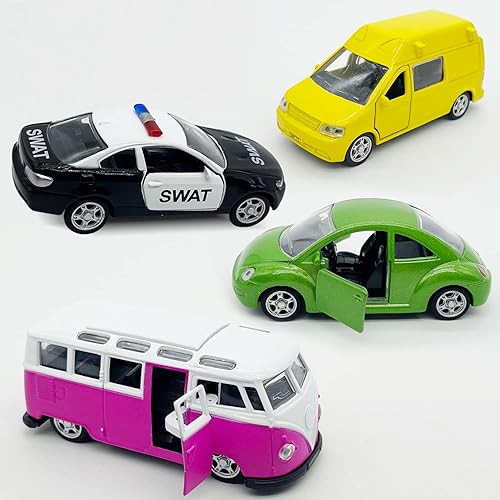 Miniatura 6 de Paquete de 5 vehículos fundidos a presión mini modelos de aleación de metal para coche autobús escolar coche de policía con puertas abiertas para
