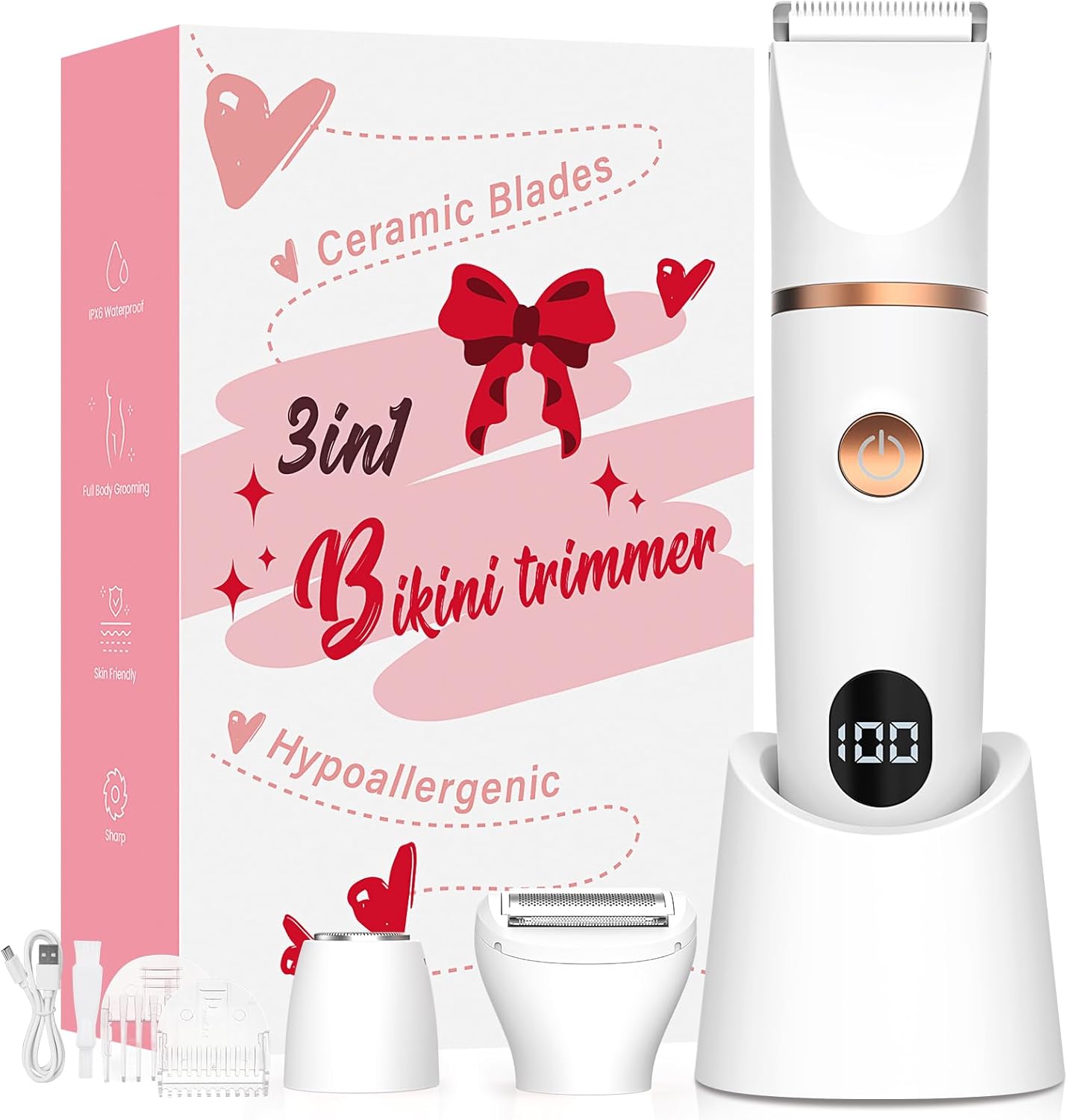 Bikini Trimmer for Women, 3-in-1 Electric Razors for Women, IPX7 Waterproof Rechargeable Cordless Pubic Hair Shaver, with LED Display, for Ladies Bikini Pubic, Face, Underarms, Legs(Pink)