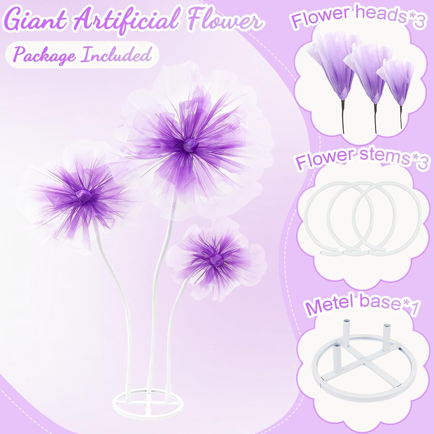 WARMALL 3PCS Giant Flowers for Decoration, 5.9Ft Large Artificial Silk Flower with Stems and Stands, Wedding Party Banquet Graduation Home Garden Shop Window Photography Props Background Decor（Purple）