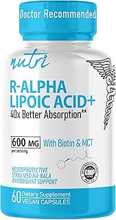 Nutri R Alpha Lipoic Acid 600mg Capsules - R Lipoic Acid Stabilized with Biotin - Active Form of R-ALA - 600 mg Clinical Dosage - Powerful Cellular Energy Support - 60 Vegan Capsules - RALA
