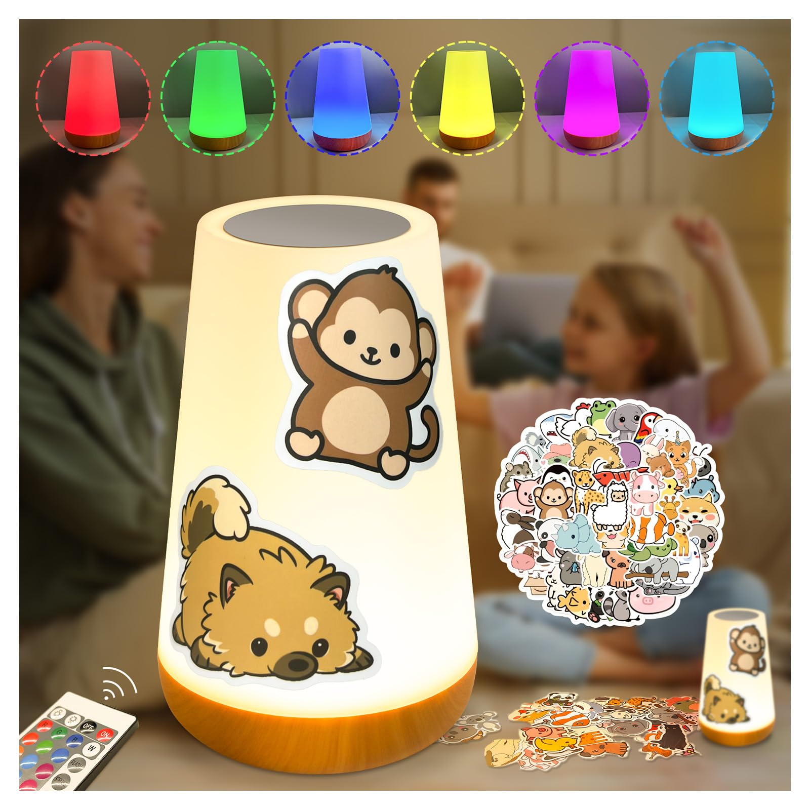Night Light for Kids Dimmable Portable Table Bedside Lamp with Remote Control Animal Stickers 13 Color Changing 5