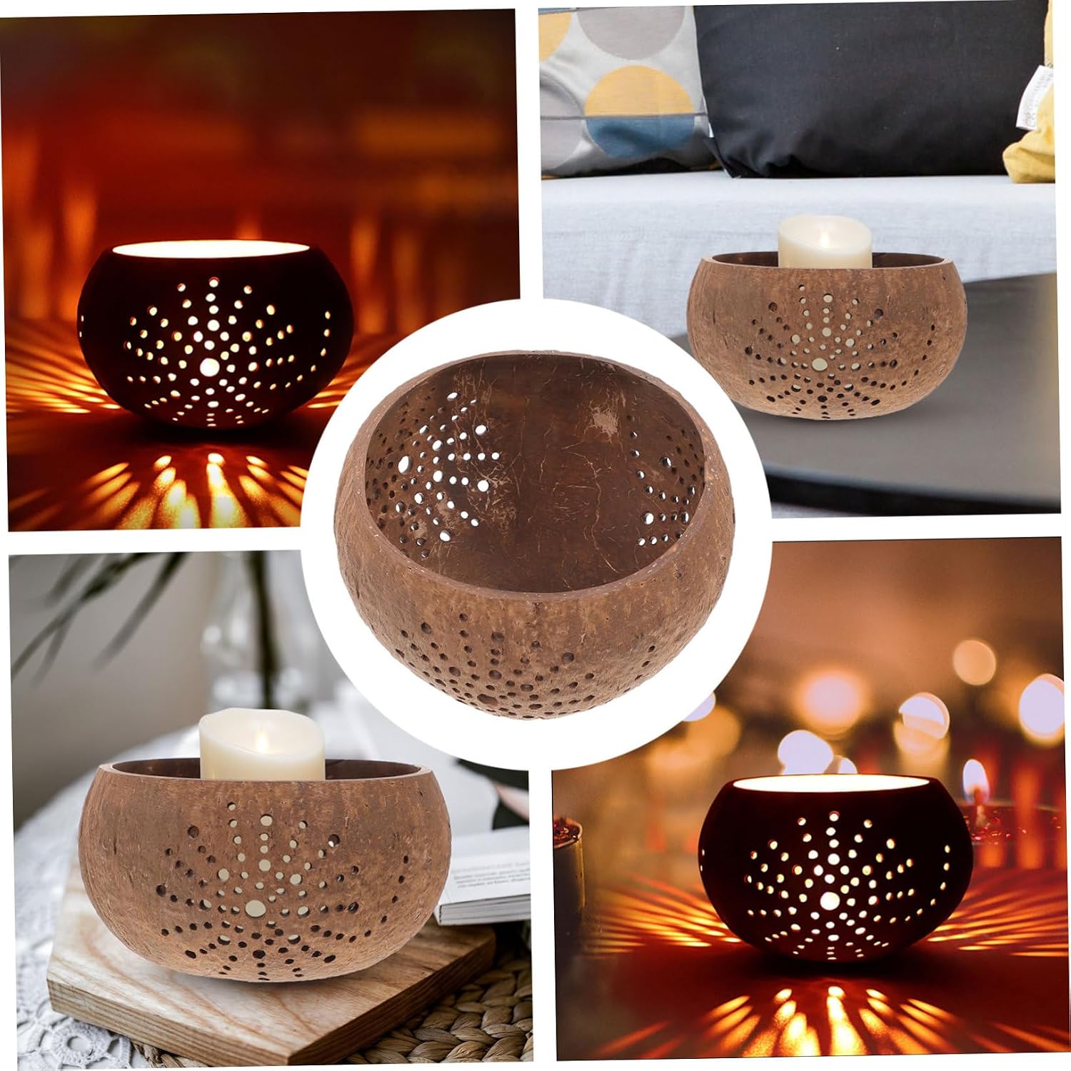 Hollow Pattern Coconut Shell Candle Bowl Decorative Jar for Candle Storage with Delicate Hollow Ornament Design for Home Aromatherapy