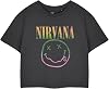 Nirvana Womens Grey Cropped Short Sleeved T-Shirt | Rainbow Logo Graphic Crop Top | Grunge Band Vintage Apparel
