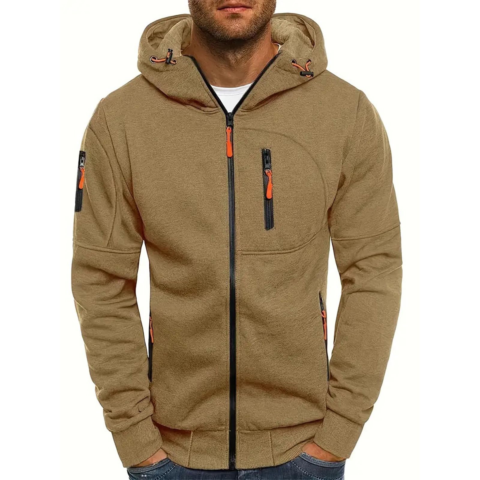 Men's Winter Jacket Relaxed Fit Sports Jacket Arm Zipper Jackets Zip Hooded Jacket Stylish Shell Jacket for Hiking Travel