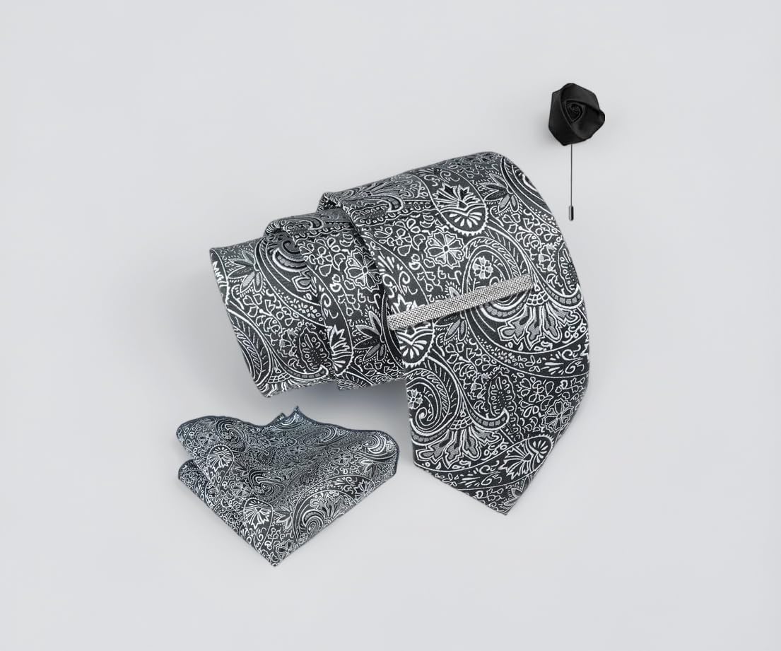 Tie for Men โ Micro Silk Neck Ties Set with Cufflinks Flower Pin, Pocket Square & Black Gift Box, Combo Necktie Sets for Office Wear, Formal Suits & Weddings (0, AXPL)