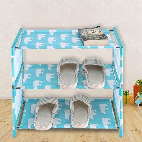 Miniatura 2 de Estantes apilables de 3 niveles, zapatero pequeño para niños, fácil de montar, organizador de zapatos para entrada, pasillo y armario (azul)