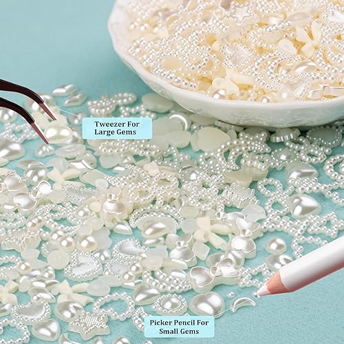 Miniatura 3 de 1200 dijes de uñas multiformas 3D y perlas de parte trasera plana, estilos de mezcla beige, corazón, estrella, arco de girasol, adornos para arte de