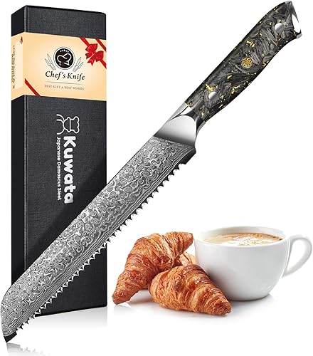 Kuwata Cuchillo de pan, profesional Damasco serie oro negro japonés VG-10 cuchillo de corte de pan de acero inoxidable de alto carbono con caja de