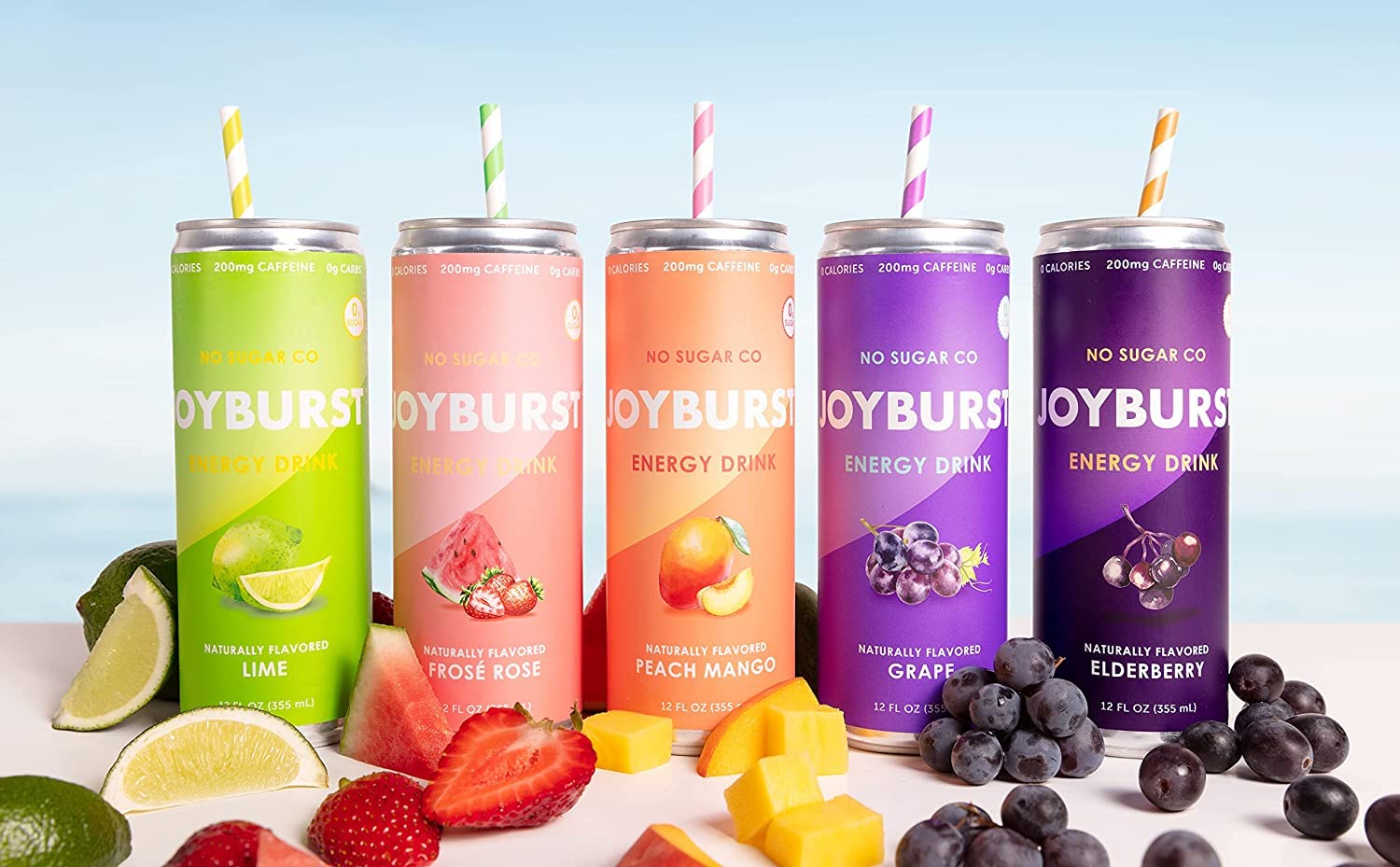 No Sugar Joyburst Energy Drink, 0 Calorie, 0 Sugar, Sugar Free Energy Drink with Natural Caffeine, Hint of Sweetness and Refreshing Sparkling Water - 12 Packs (Peach Mango)