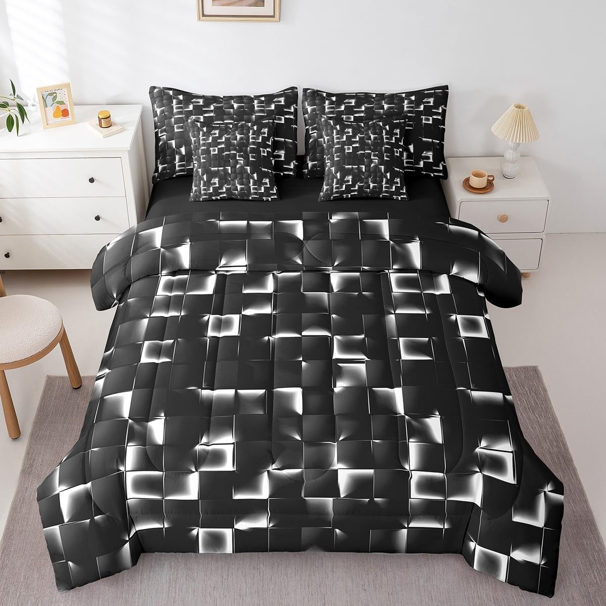 Erosebridal Geometric Checkered Twin Bed in A Bag 7 Piece Neon Black White Comforter Set with Sheets for Kids Teen Men Gamer Room Decor,Abstract Ombre Plaid Bedding Sets Grids Bed Set