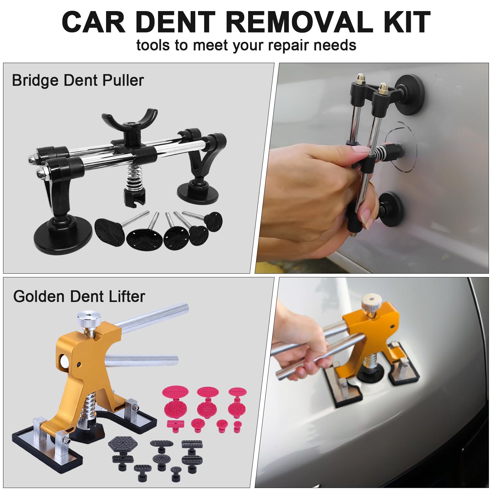 Car Dent Puller - Dent Repair Kit, Dent Removal Kit with Golden Lifter, Double Pole Bridge Dent Puller for Auto Dent Removal, Door Dings and Car Hail Damage (with Glue Set) 40PCS