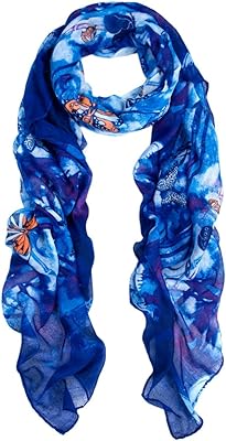 Elegant Soft Bamboo & Butterfly Print Watercolor Scarf, Blue