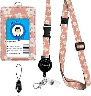 bolimoss Cute Leather Badge Holder and Adjustable Retractable Lanyards, Quick Release Buckle and Safety Breakaway Lanyards with Swivel Metal Clasp for Offices, Teacher, Student (Pink Groovy Flowers)
