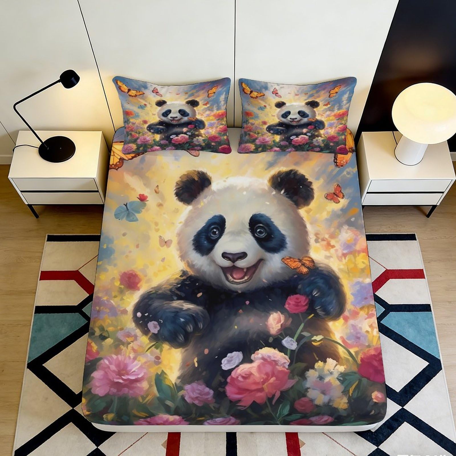 3D Printed Cute Panda Fitted Sheet Microfiber Soft Breathable Floral Butterfly Bed Cover for Bedroom Dormitory Guest Room Mattress Protection 200x200x25cm