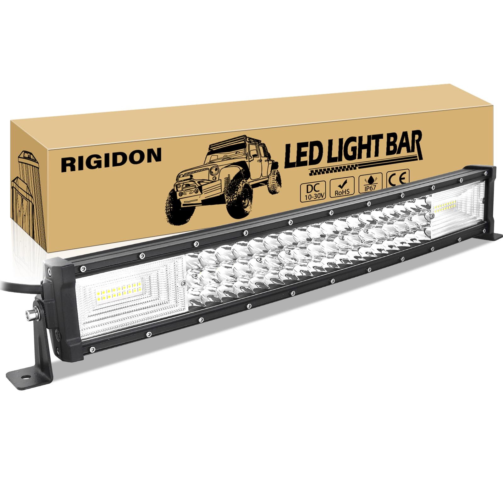 RIGIDON Curved 22 Inch 270W Led Light Bar With 1 Pcs 12V 2 Lead Wiring Harness Cable Kit, 2 Pcs 5 Inch 135W Flood Outdoor Led Work Light For Car Off