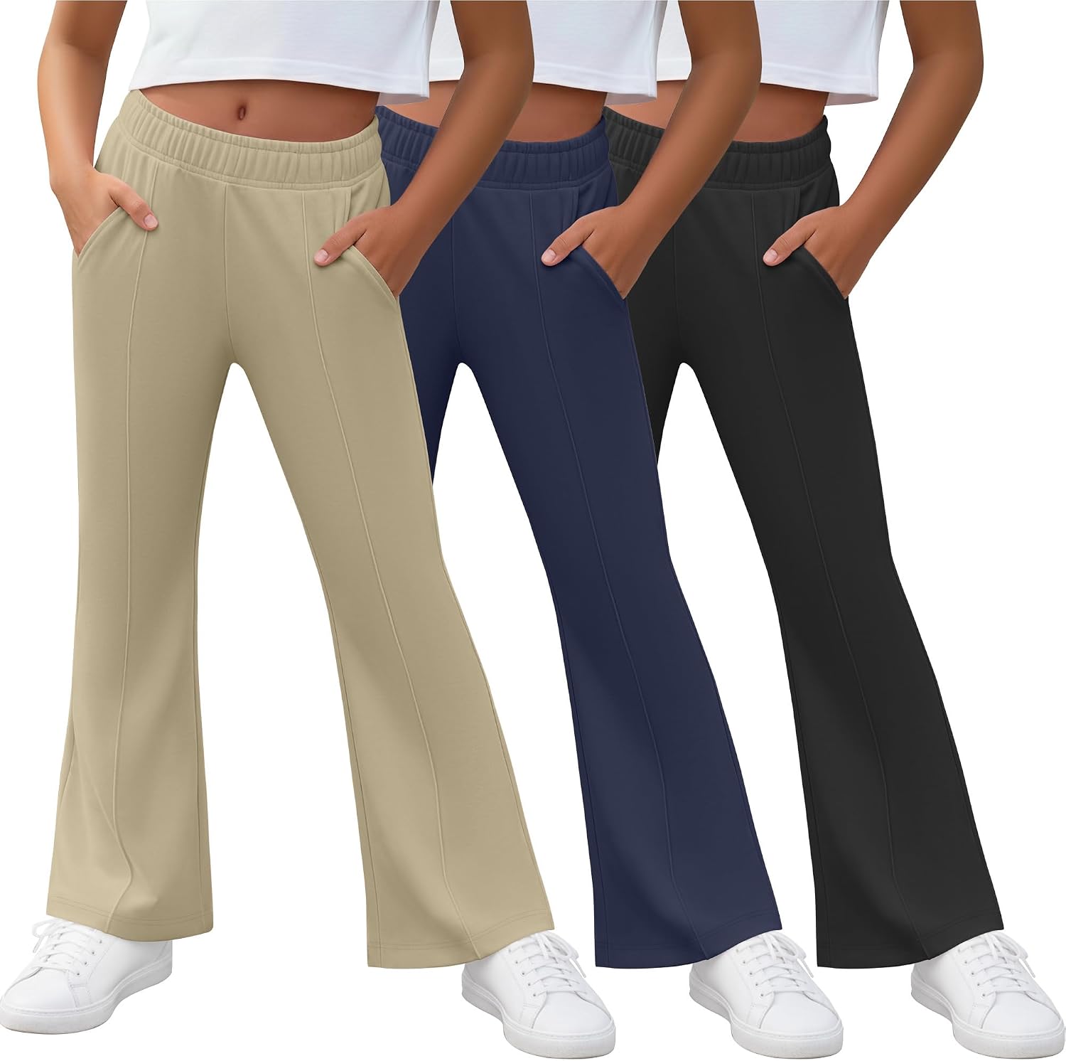 3 Pack Girls' Flare Sweatpants Elastic Waist Bell Bottom Pants Bootcut Casual Trousers with Pockets for 5-14Y Kids