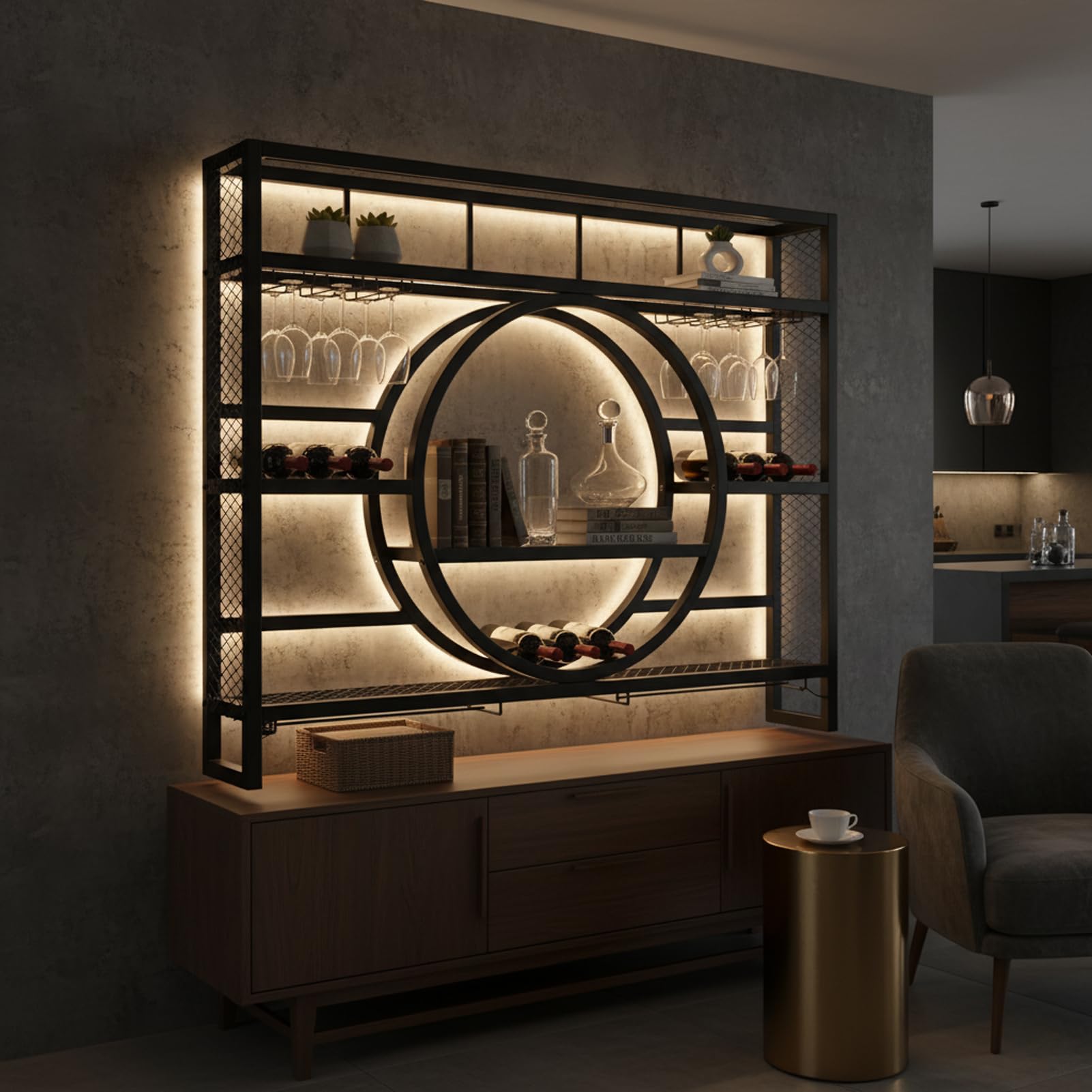 Weinregal Wand Metall, Bar Regal mit Weingläserhalter - Modernes Weinflaschenregal für Küche, Esszimmer, Home Bar und Restaurant, Wandmontage (Schwarz, 140cm)