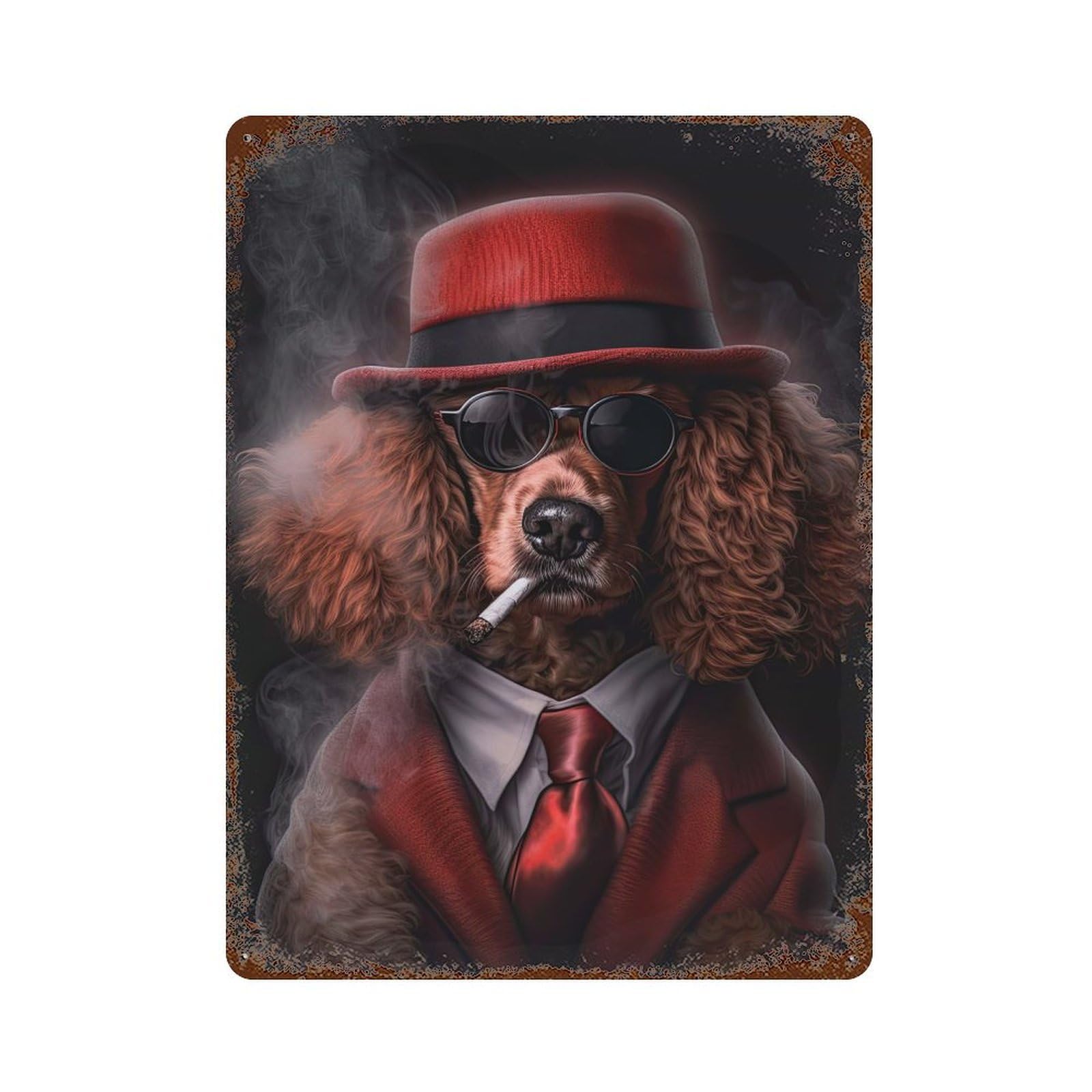 Decorative Tin Sign Red Poodle Gangster Suit 15.7"x11.8", Vintage Wall Decor for Pub, Kitchen And Man Cave Decor