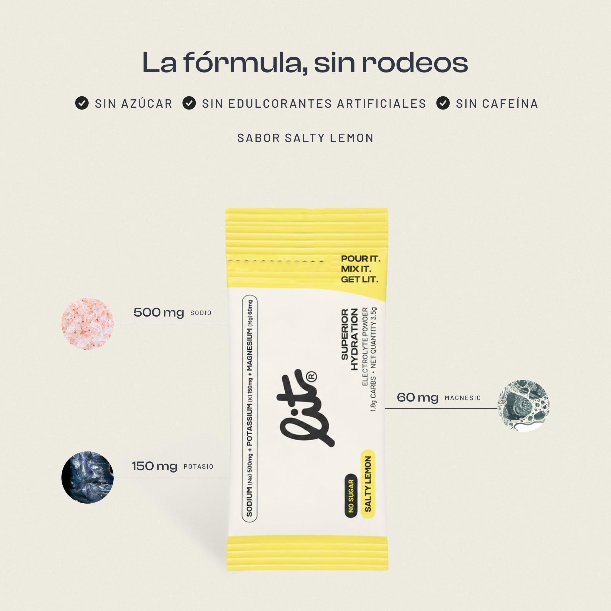 LIT® Electrolitos en Polvo Sin Azúcar - 30 Sobres Sabor Salty Lemon - Sodio, Potasio y Magnesio - Hidratación para Deporte, Recuperación, Enfoque, Calor