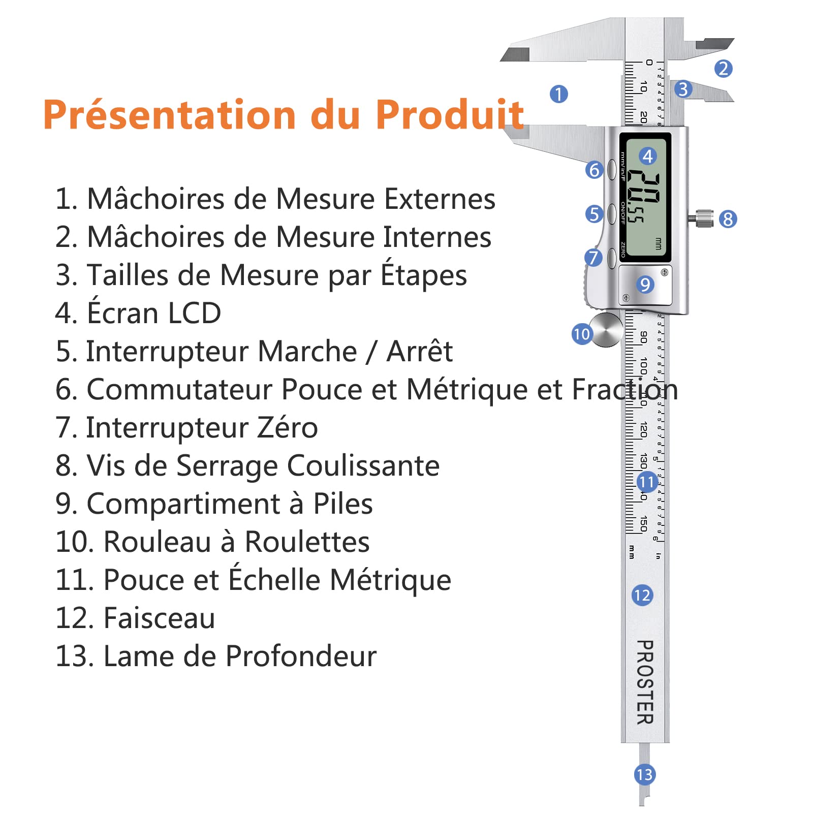 Proster Pied à coulisse numérique 150 mm/6 pouces en Acier inox Pied à coulisse électronique Fractions/Pouce/Conversion métrique Outil de mesure pour Longueur Largeur Profondeur Diamètre intérieur