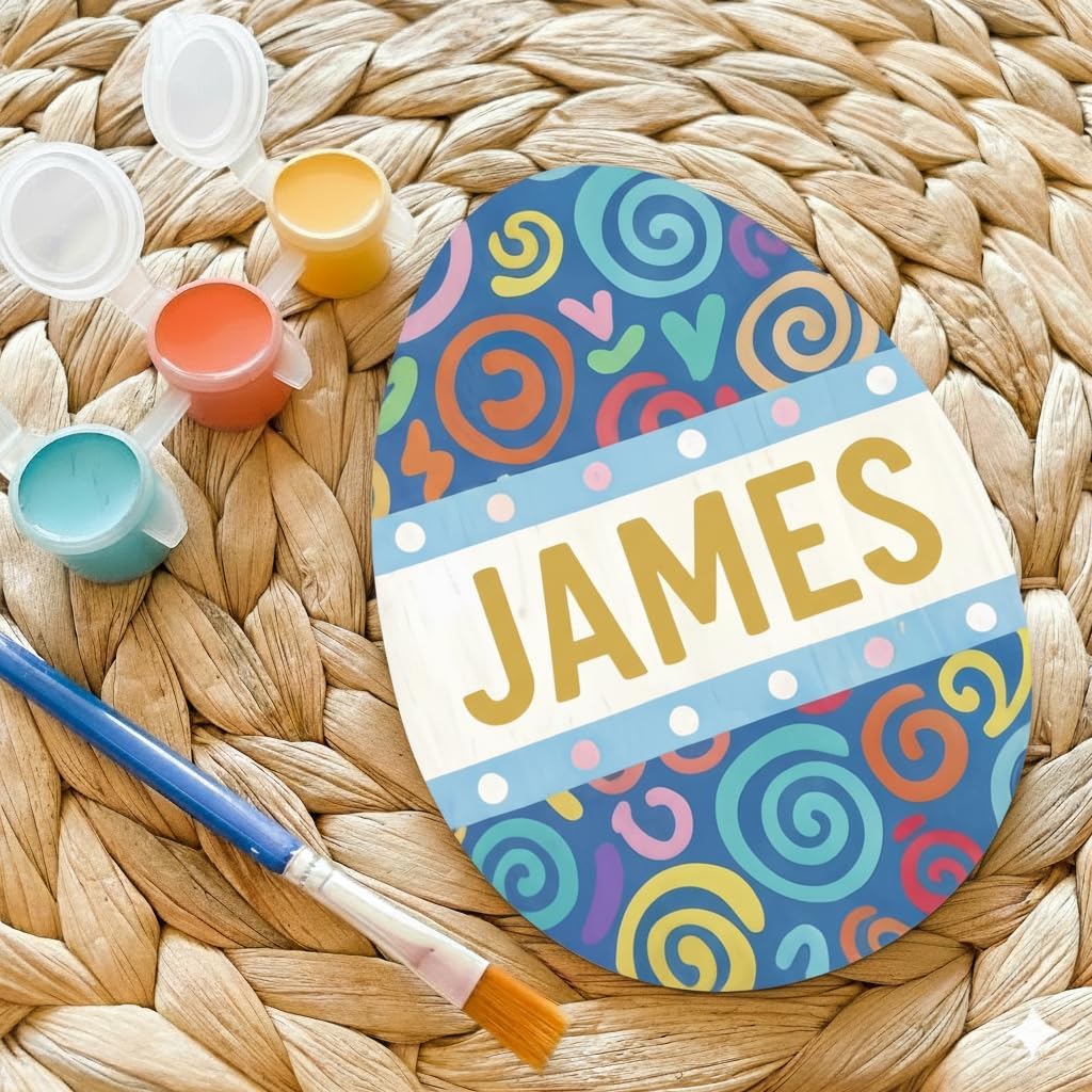 Personalized Easter Basket Stuffers for Kids - Custom Name Fun Swirls Wooden Egg Painting Kit - DIY Paint Your Own Craft with Brush & Paints - Whimsical Spiral Gifts for Boys & Girls Art Activity