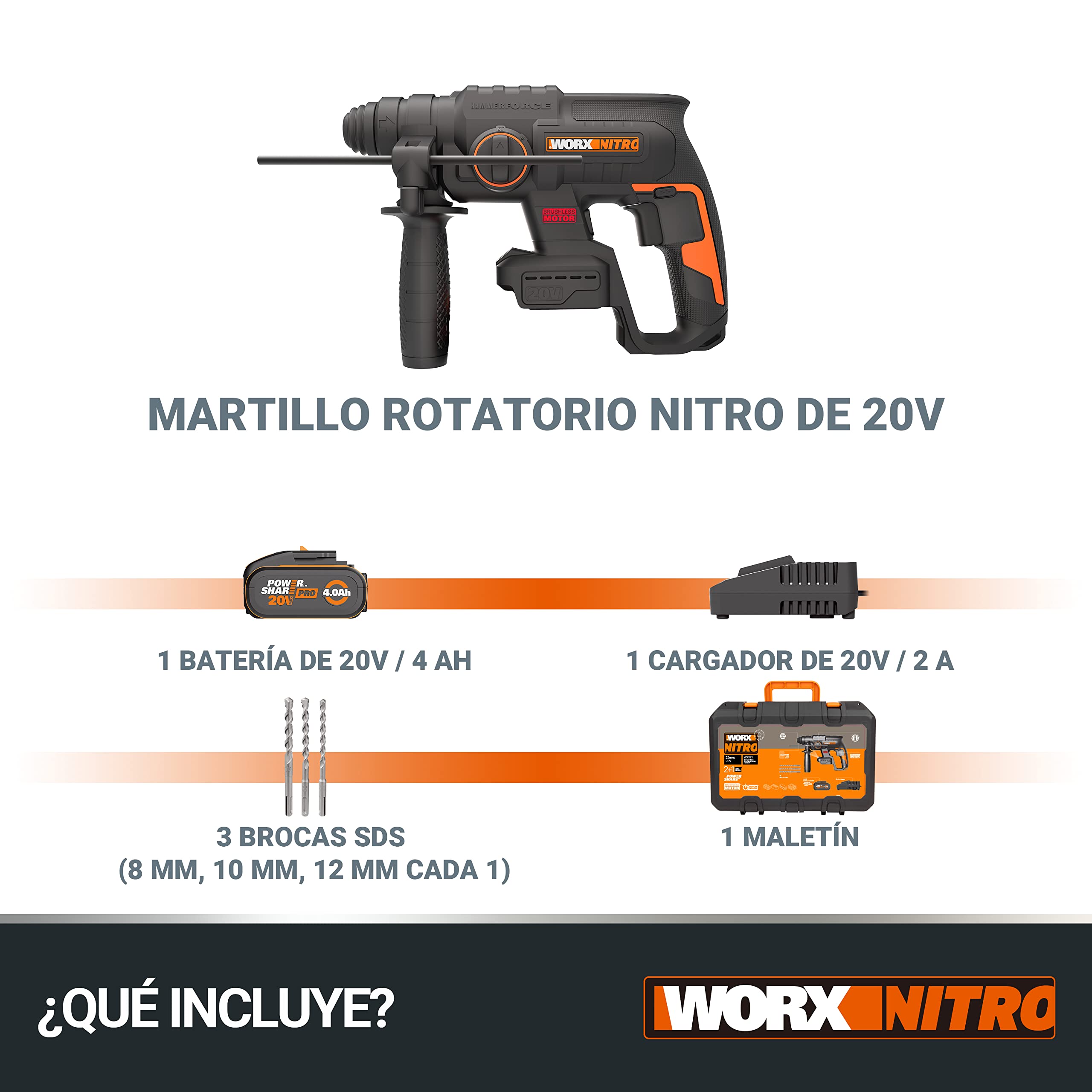 Worx WX381 Martillo Perforador Brushless 20V 2J Batería 4Ah