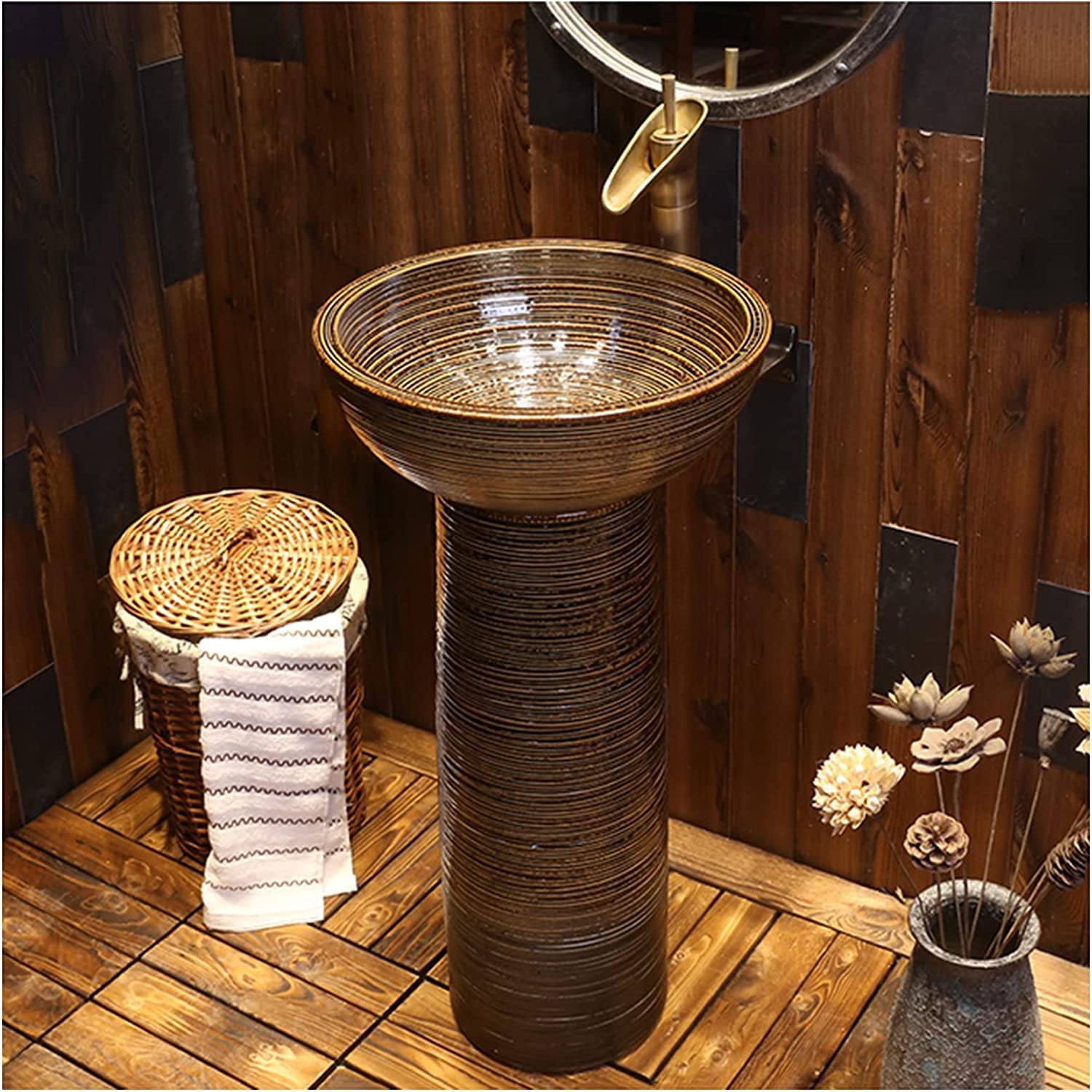 XNZJHPP Modern Freestanding Ceramic Bathroom Sink with Full Pedestal & Single Faucet Hole - Stylish, Space-Saving Design for Contemporary Bathrooms (A With mirror)
