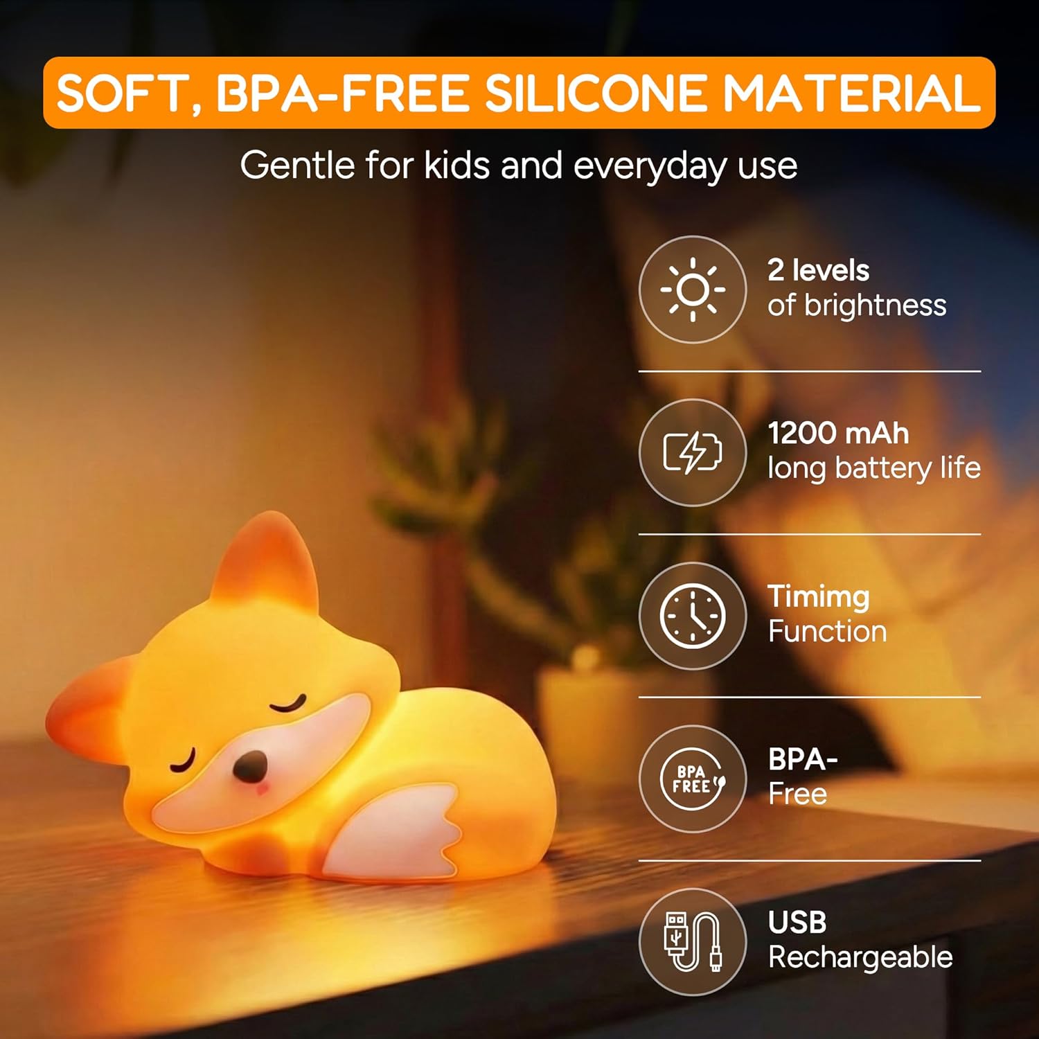 Cute Fox Night Light for Kids, Silicone Baby Nursery Night Light, Rechargeable Touch Lamp with Timer & Dimmable Warm Light for Bedroom Decor, Cute Animal Lamp