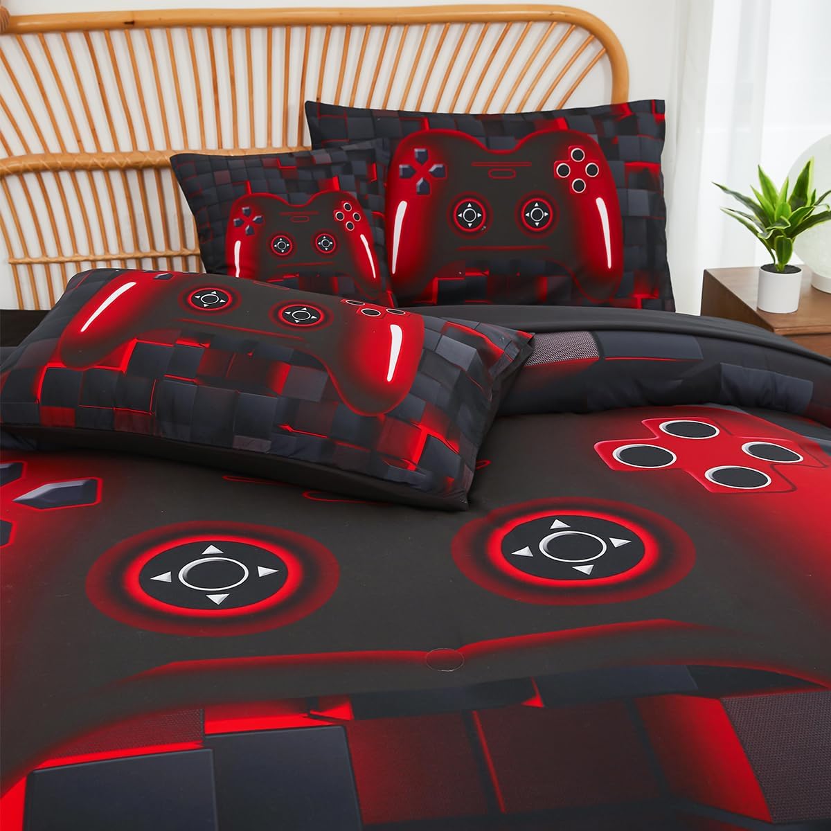 PERFEMET 6-Piece Boys Comforter Set Queen Size Game Console Bedding Set for Kids Teen 3D Black and Red Gamepad Gaming Bed in a Bag Matching Sheet Set(Red, Queen) - Image 7
