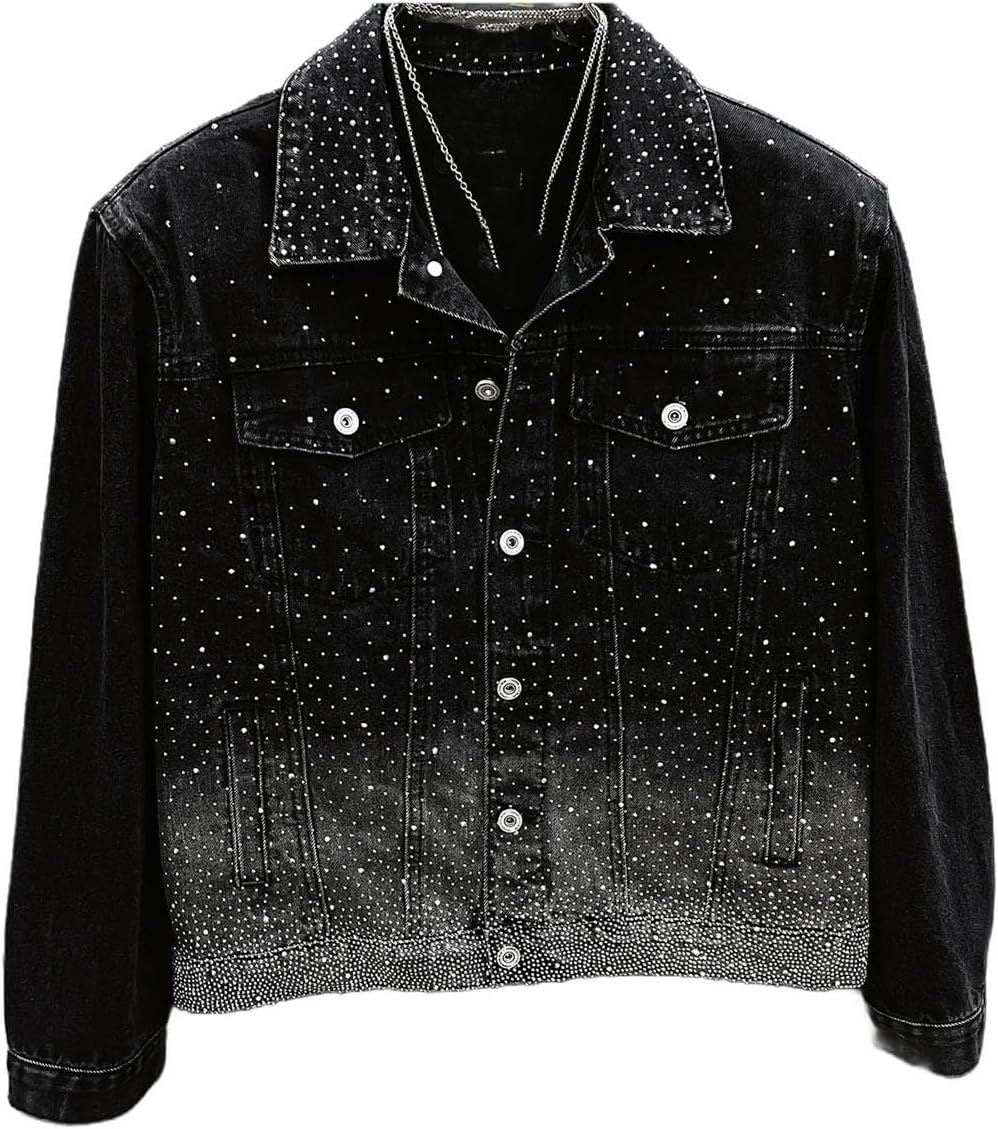 Men's Black Heavy Diamond Denim Jacket Fashion Loose Casual Shoulder Padded Coats