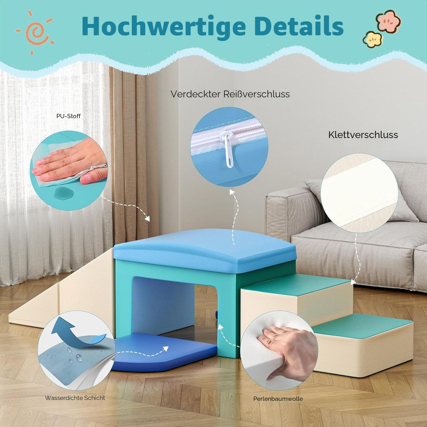5-teilige Schaumstoff Bausteine für Kinder, weiche Spielbausteine mit Klettverschluss, hochdichter Perlenschaum mit PU-Bezug, rutschfeste Motorikbausteine zum Klettern Krabbeln
