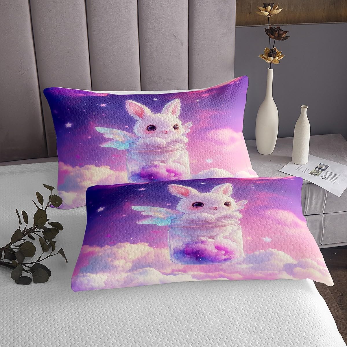 jejeloiu Rabbit Bedspread Galaxy Space Bedspread for Kids Boys Girls Cute Bunny Coverlet Set Purple Sky Quilted Bedroom Collection 2Pcs Twin Size
