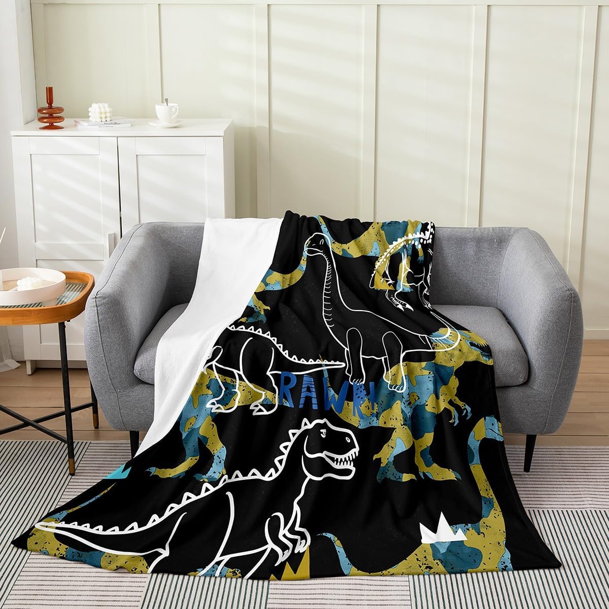Deer Silhouette Throw Blanket,Antlers Arrow Pattern Fleece Blanket Stripes Gird Camouflage Bed Blanket for Kids Teens Room Decor,Soft Black White Grey Flannel Blanket, Throw Size (50 x 60 Inches)