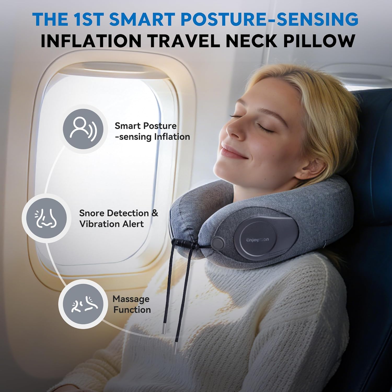 Smart Travel Neck Pillow, Head-Sensing Inflation, Snore Detection & Vibration Alert, Skin-Friendly, Operation During Charging