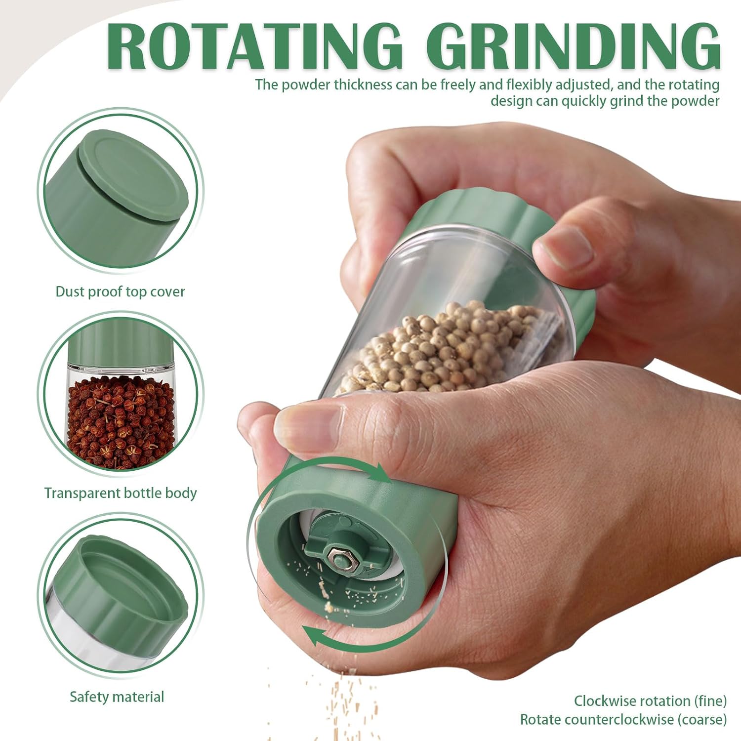 2 Pack Sea Salt and Pepper Grinder Set, Refillable Manual Ceramic Mill with Adjustable Coarseness, Spice Grinder & Shaker for Kitchen Camping, Green