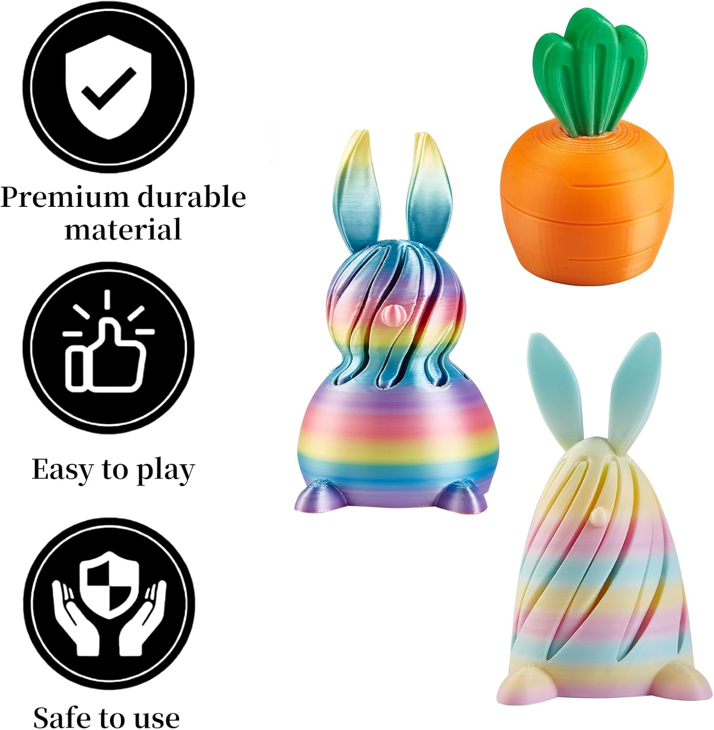 3D Printed Easter Bunny,Carrot Fidget Toys,Easter 3D Printed Sensory Fidget Toys,Easter Basket Stuffers,Surprising Gift for Friends and Kids（3 Pack）