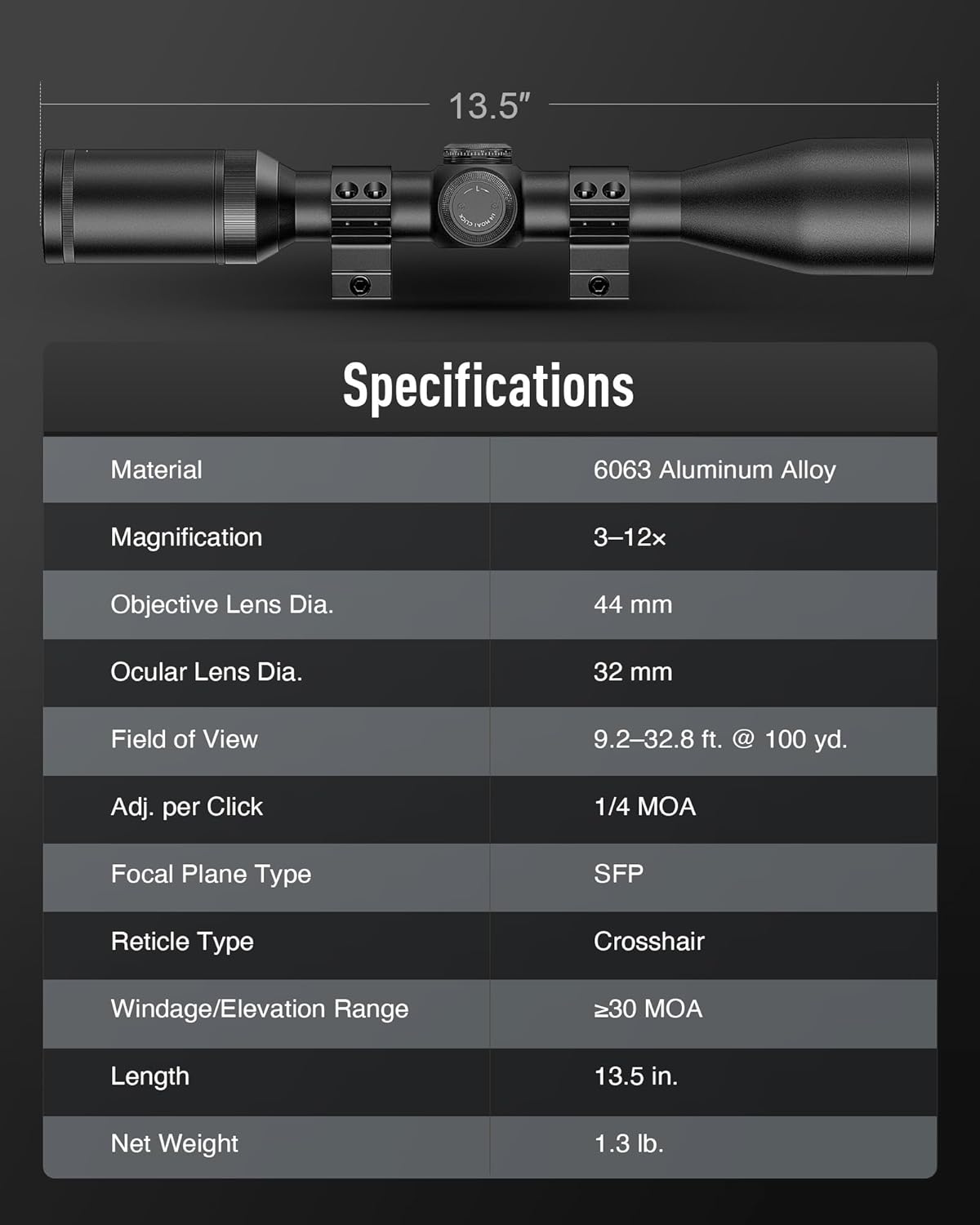 PINTY 3-12x44 Rifle Scope, Gun Scope with Parallax Adjustment for Hunting, SFP Airsoft Optical Scope with R-02 Crosshair Reticle, Riflescope with Windage Elevation Adjustment for Picatinny Weaver Rail